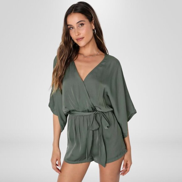 Lulus Pants - Lulus Olive Green Elastic Waist Satin Romper Size Medium